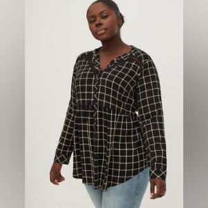 Torrid black plaid emma babydoll lace trim tunic top long sleeve